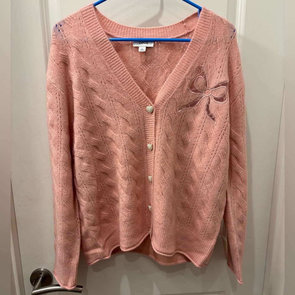 NWT CeCe Pink Cable Knit Sweater with Bow Detail & heart buttons- M